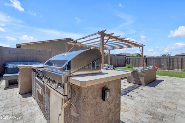 view of patio featuring a pergola, outdoor lounge area, area for grilling, and a fenced backyard