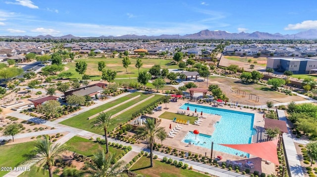 aerial view featuring a mountain view and a residential view