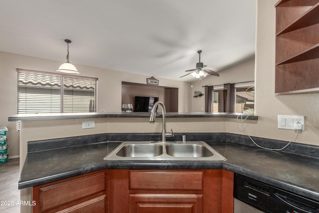 4817 W St Charles Ave, Laveen, AZ 85339 - kitchen featuring dishwasher, a sink, a ceiling fan, brown cabinets, and open shelves