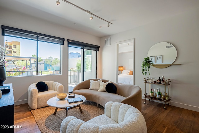 living room with rail lighting and dark hardwood / wood-style floors