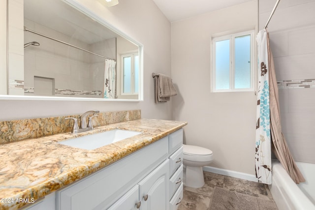 full bathroom with shower / bathtub combination with curtain, toilet, vanity, and tile patterned floors