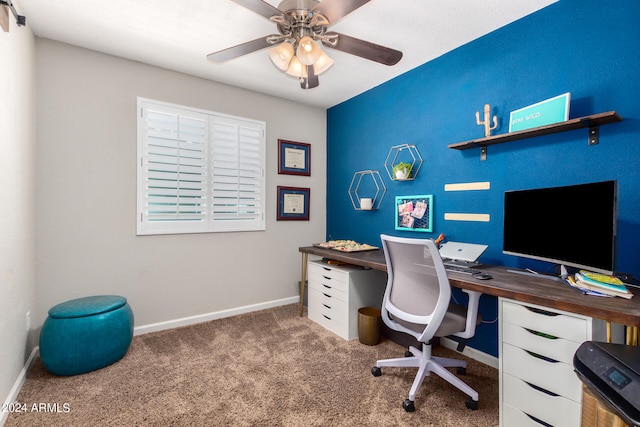 office area with ceiling fan and carpet flooring