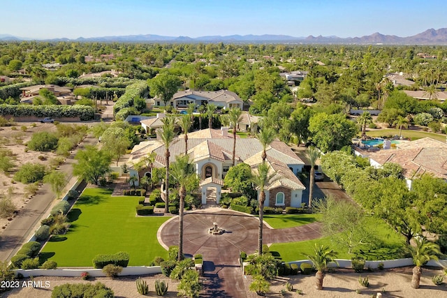 drone / aerial view featuring a mountain view