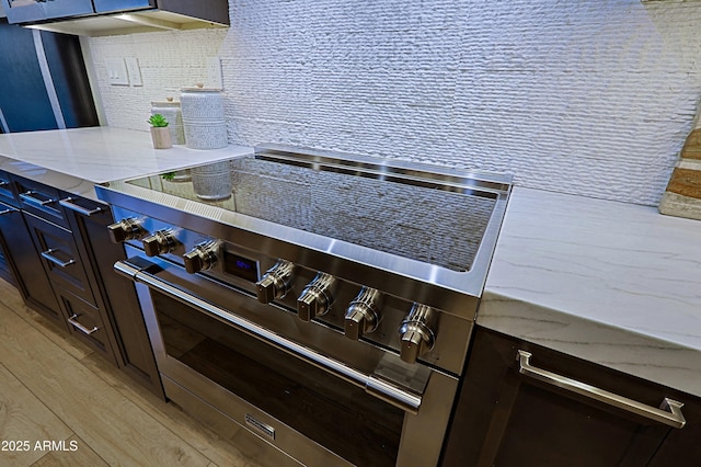 kitchen with tasteful backsplash, light stone countertops, and light wood-type flooring