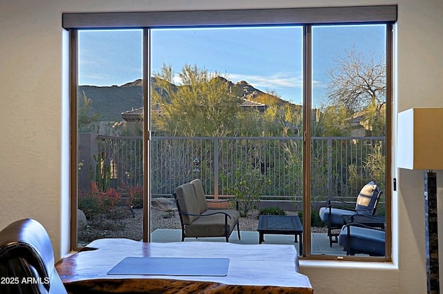 interior space with a mountain view