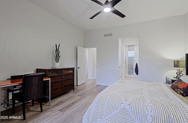 bedroom featuring ceiling fan, light wood finished floors, baseboards, and visible vents