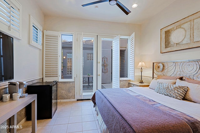 bedroom featuring access to outside, ceiling fan, recessed lighting, light tile patterned flooring, and baseboards
