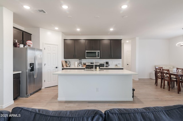 kitchen featuring decorative backsplash, stainless steel appliances, a kitchen island with sink, and light hardwood / wood-style flooring