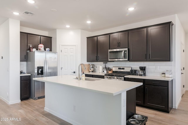 kitchen with a kitchen island with sink, sink, tasteful backsplash, and stainless steel appliances