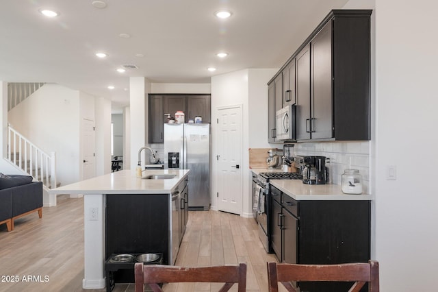 kitchen with sink, backsplash, stainless steel appliances, a center island with sink, and light wood-type flooring