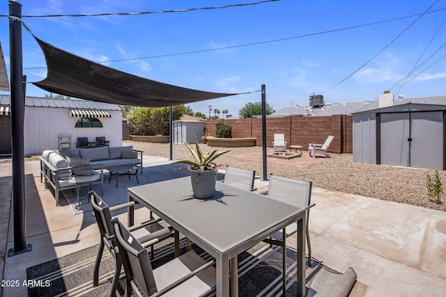 8022 E Columbus Ave, Scottsdale, AZ 85251 - fenced backyard with a shed, a patio area, outdoor lounge area, and outdoor dining space