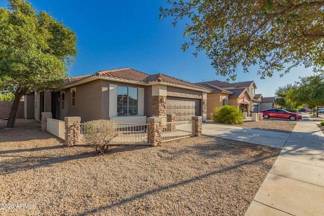 20919 E Desert Hills Blvd, Queen Creek, AZ 85142 - ranch-style house featuring stucco siding, driveway, a garage, stone siding, and a tiled roof