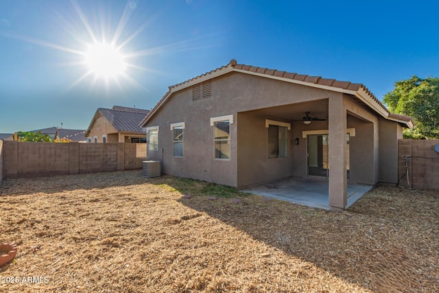 20919 E Desert Hills Blvd, Queen Creek, AZ 85142 - back of house with ceiling fan, stucco siding, a fenced backyard, a patio, and a tile roof