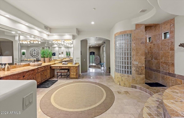 bathroom featuring visible vents, recessed lighting, marble finish floor, and vanity