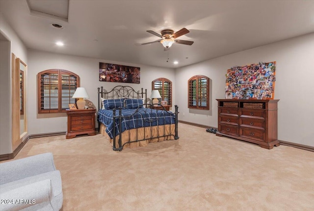 bedroom featuring ceiling fan, recessed lighting, attic access, carpet flooring, and baseboards