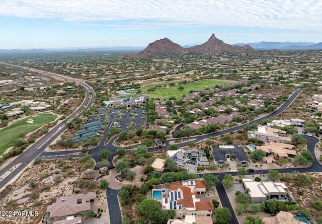 drone / aerial view featuring a mountain view and a residential view