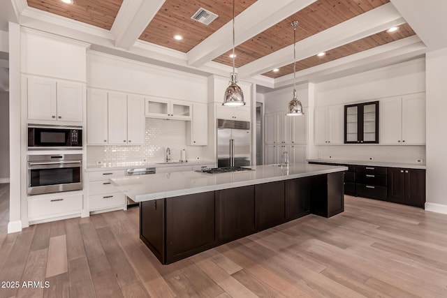 kitchen featuring sink, wood ceiling, light hardwood / wood-style flooring, built in appliances, and a large island with sink