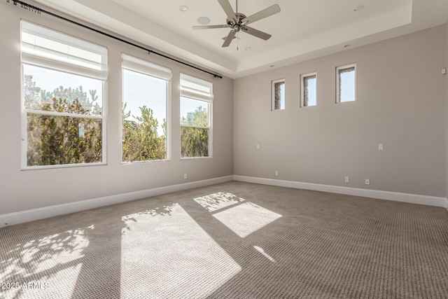 empty room with ceiling fan, a raised ceiling, and carpet