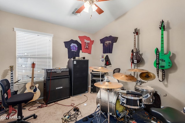 office area with carpet flooring and ceiling fan