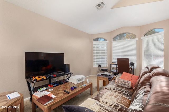 living room featuring carpet and lofted ceiling