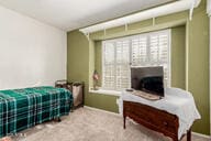 bedroom featuring light carpet