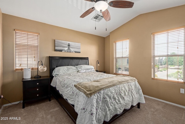 1350 S Greenfield Rd Unit 2205, Mesa, AZ 85206 - carpeted bedroom with multiple windows, lofted ceiling, baseboards, and ceiling fan