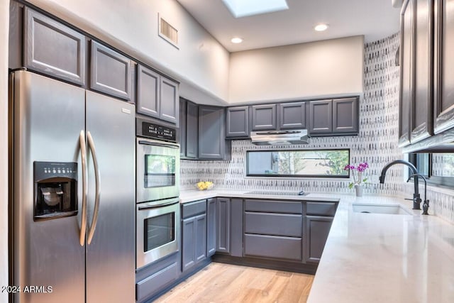 kitchen with backsplash, sink, light wood-type flooring, and stainless steel appliances