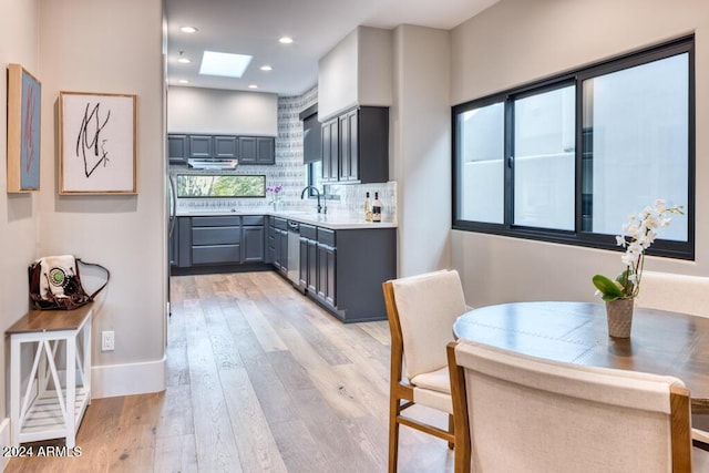 kitchen featuring tasteful backsplash, light hardwood / wood-style flooring, a skylight, and plenty of natural light