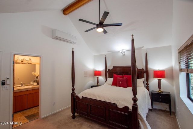 5120 N Juniper Loop, Pine, AZ 85544 - bedroom featuring a sink, ensuite bathroom, light carpet, an AC wall unit, and vaulted ceiling with beams