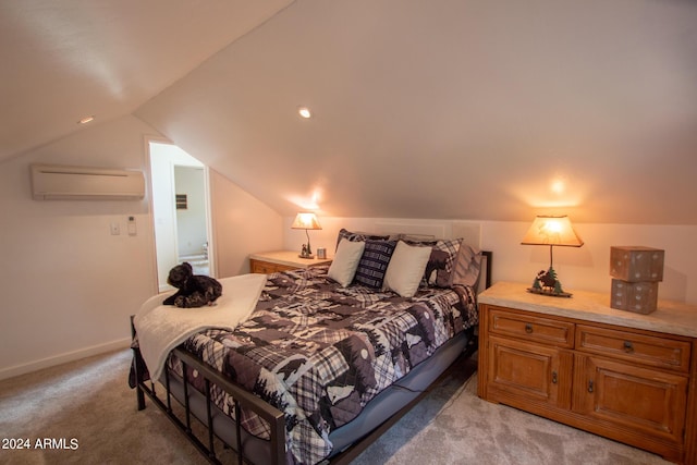 5120 N Juniper Loop, Pine, AZ 85544 - bedroom featuring a wall mounted air conditioner, light carpet, baseboards, and lofted ceiling