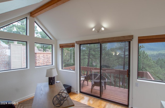 5120 N Juniper Loop, Pine, AZ 85544 - doorway to outside featuring wood finished floors, baseboards, and vaulted ceiling with beams