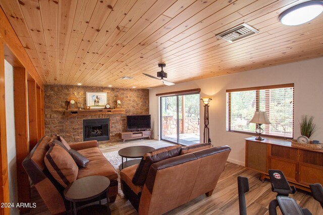 5120 N Juniper Loop, Pine, AZ 85544 - living room featuring ceiling fan, visible vents, wood ceiling, wood finished floors, and a fireplace