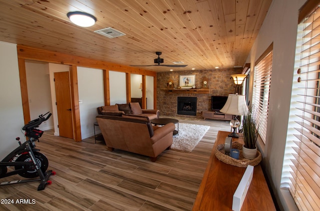 5120 N Juniper Loop, Pine, AZ 85544 - living room with wood finished floors, a ceiling fan, a fireplace, visible vents, and wooden ceiling