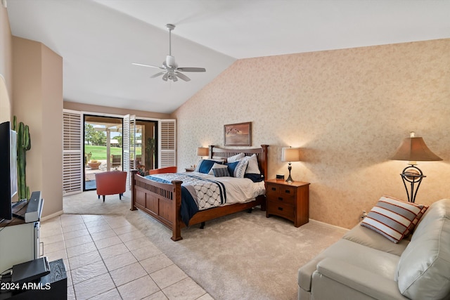 carpeted bedroom with access to outside, vaulted ceiling, and ceiling fan