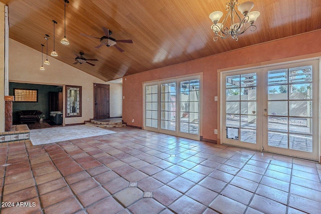 interior space featuring wooden ceiling, french doors, ceiling fan with notable chandelier, and lofted ceiling