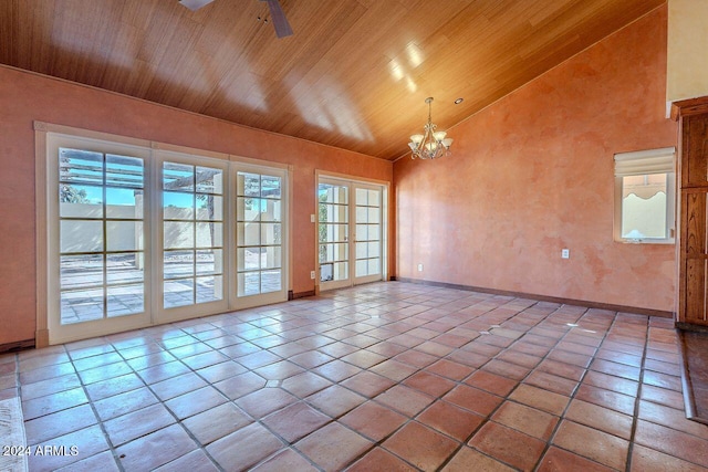 unfurnished room with wooden ceiling, ceiling fan with notable chandelier, and high vaulted ceiling