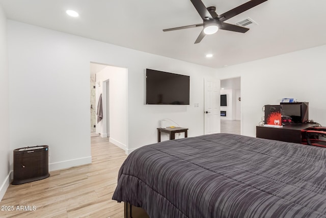 bedroom with ceiling fan, recessed lighting, visible vents, baseboards, and light wood finished floors