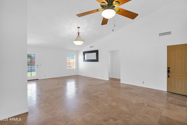 empty room featuring visible vents, baseboards, ceiling fan, and high vaulted ceiling