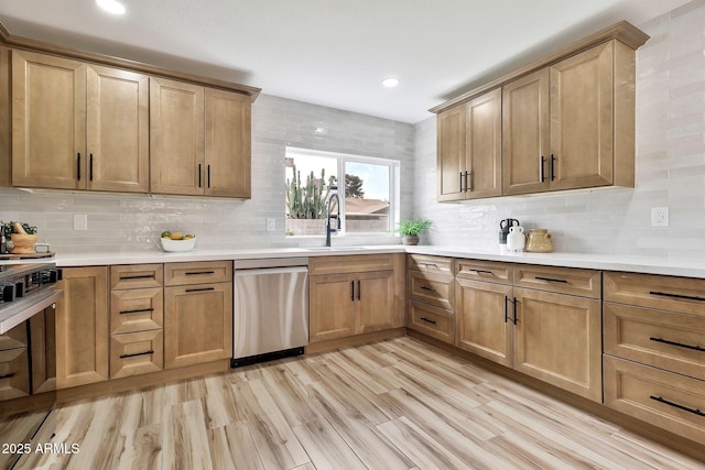 kitchen with light wood-type flooring, a sink, backsplash, stainless steel dishwasher, and electric range oven