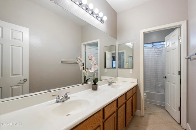 full bathroom featuring toilet, vanity, tile patterned floors, and shower / tub combo with curtain