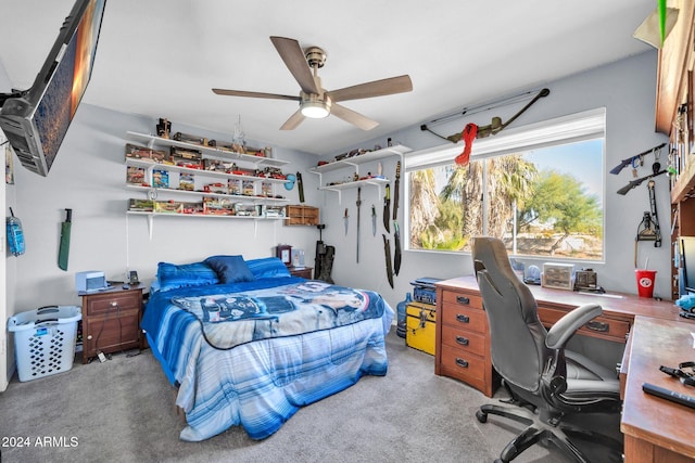 bedroom with ceiling fan and light colored carpet