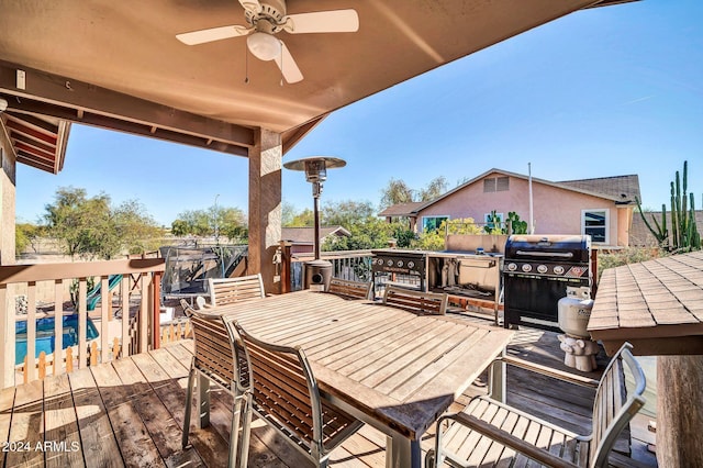 deck featuring ceiling fan, area for grilling, and a fenced in pool