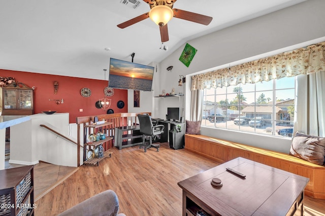 office area with ceiling fan, light hardwood / wood-style floors, and lofted ceiling