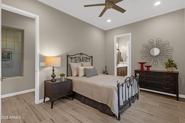 bedroom featuring connected bathroom and ceiling fan