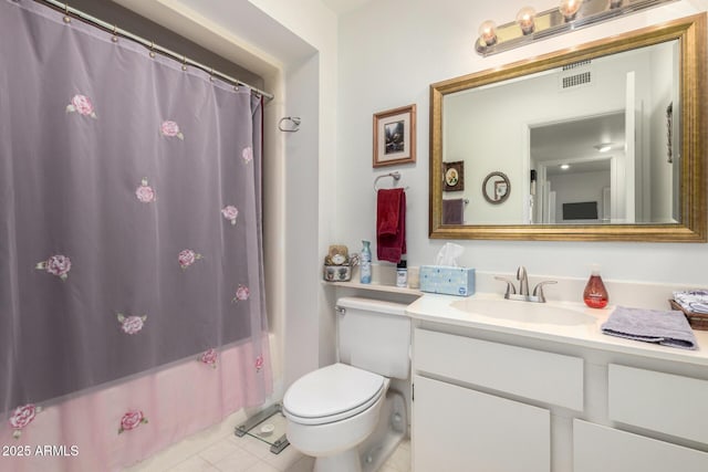 full bathroom featuring vanity, visible vents, shower / tub combo, tile patterned floors, and toilet