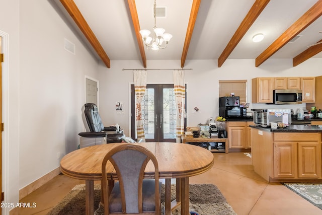 dining space with finished concrete floors, french doors, visible vents, and baseboards