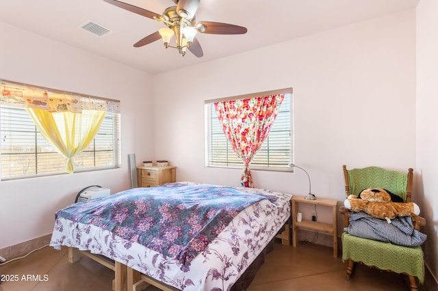 bedroom featuring ceiling fan and visible vents