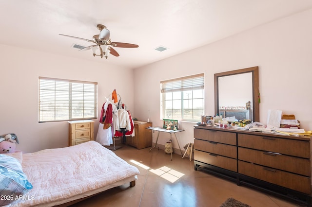 bedroom featuring concrete floors, visible vents, and a ceiling fan