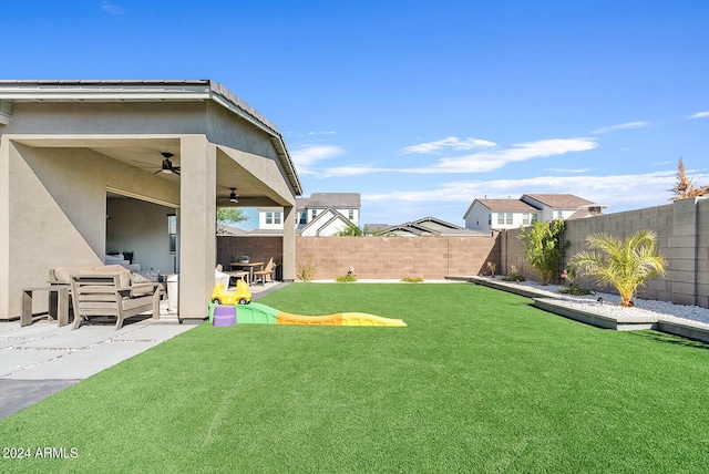 5725 S 101st St, Mesa, AZ 85212 - view of yard featuring a fenced backyard, outdoor lounge area, a patio, and ceiling fan