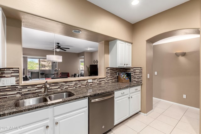 16626 E Westby Dr Unit 108, Fountain Hills, AZ 85268 - kitchen featuring stainless steel dishwasher, a sink, ceiling fan, tasteful backsplash, and recessed lighting